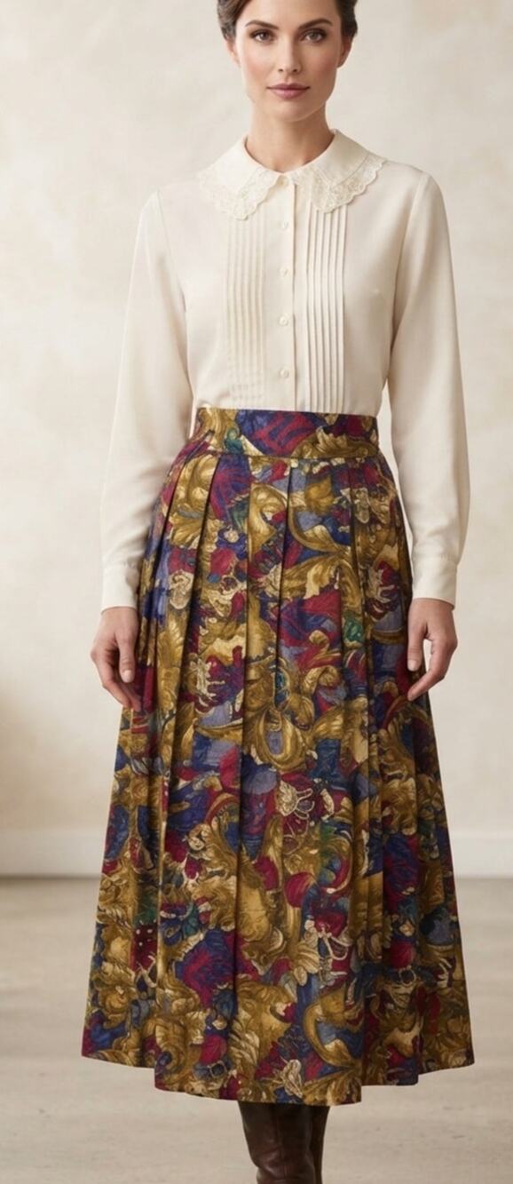 Vintage Worthington Moody Colors Baroque Print Pleated Midi Skirt